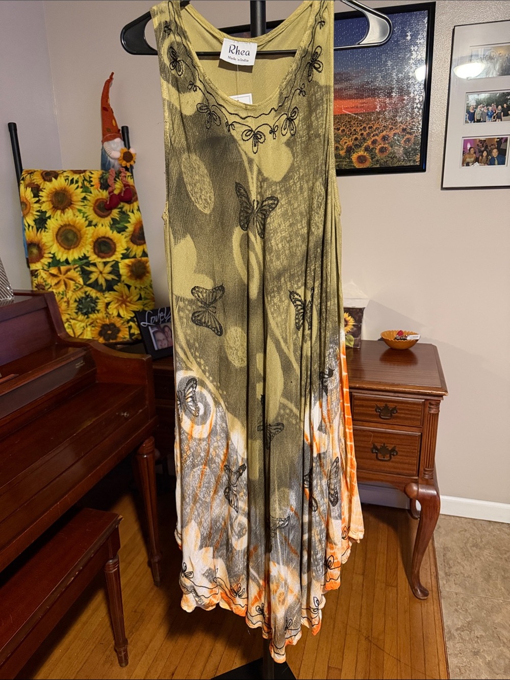 Olive Green Butterfly Maxi  dress with Orange Accents
